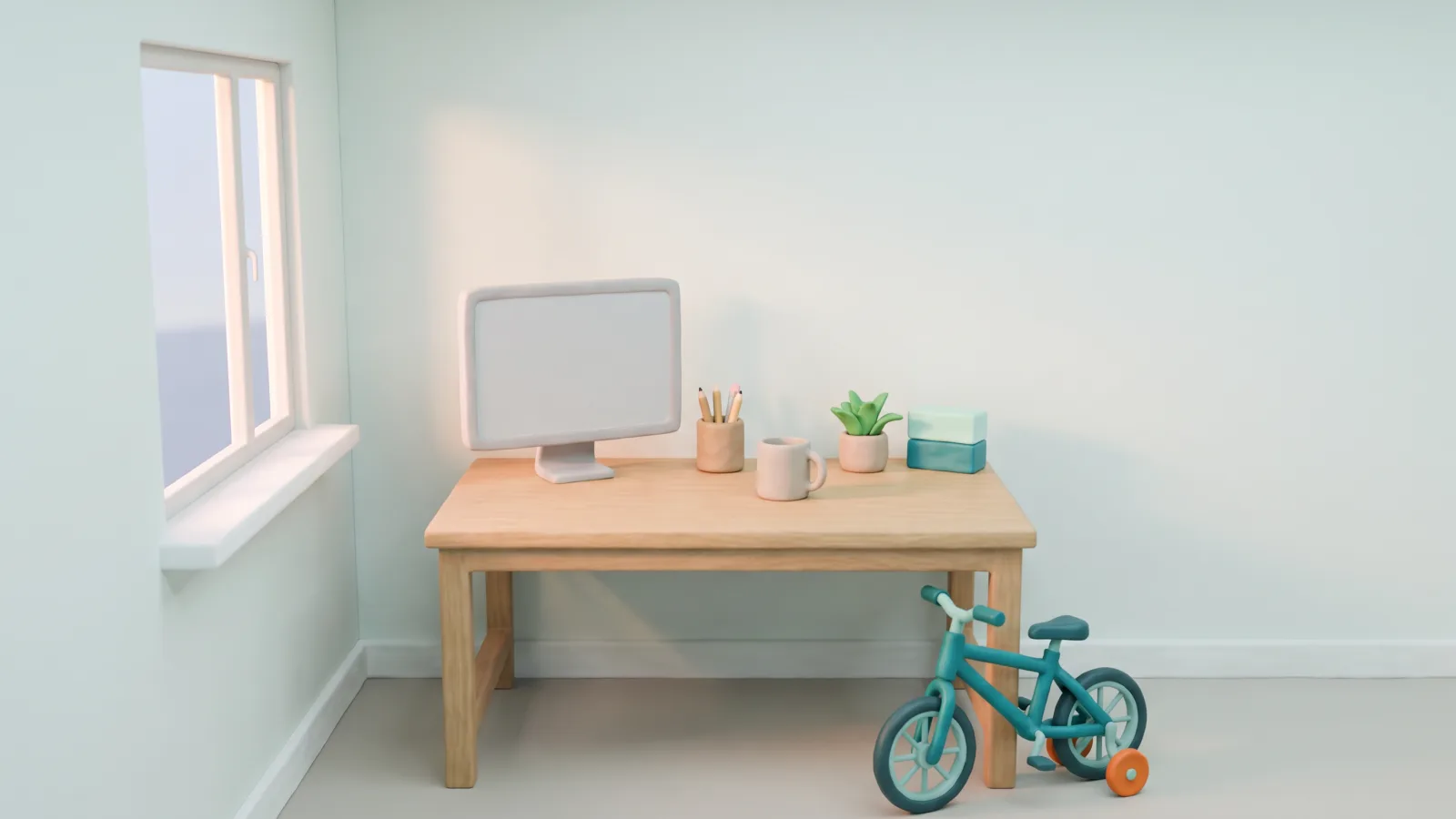 Un plan de travail de préparatoire en pâte à modeler et, appuyé contre lui, un minuscule vélo teal dont les petites roues d’appoint sont orange.