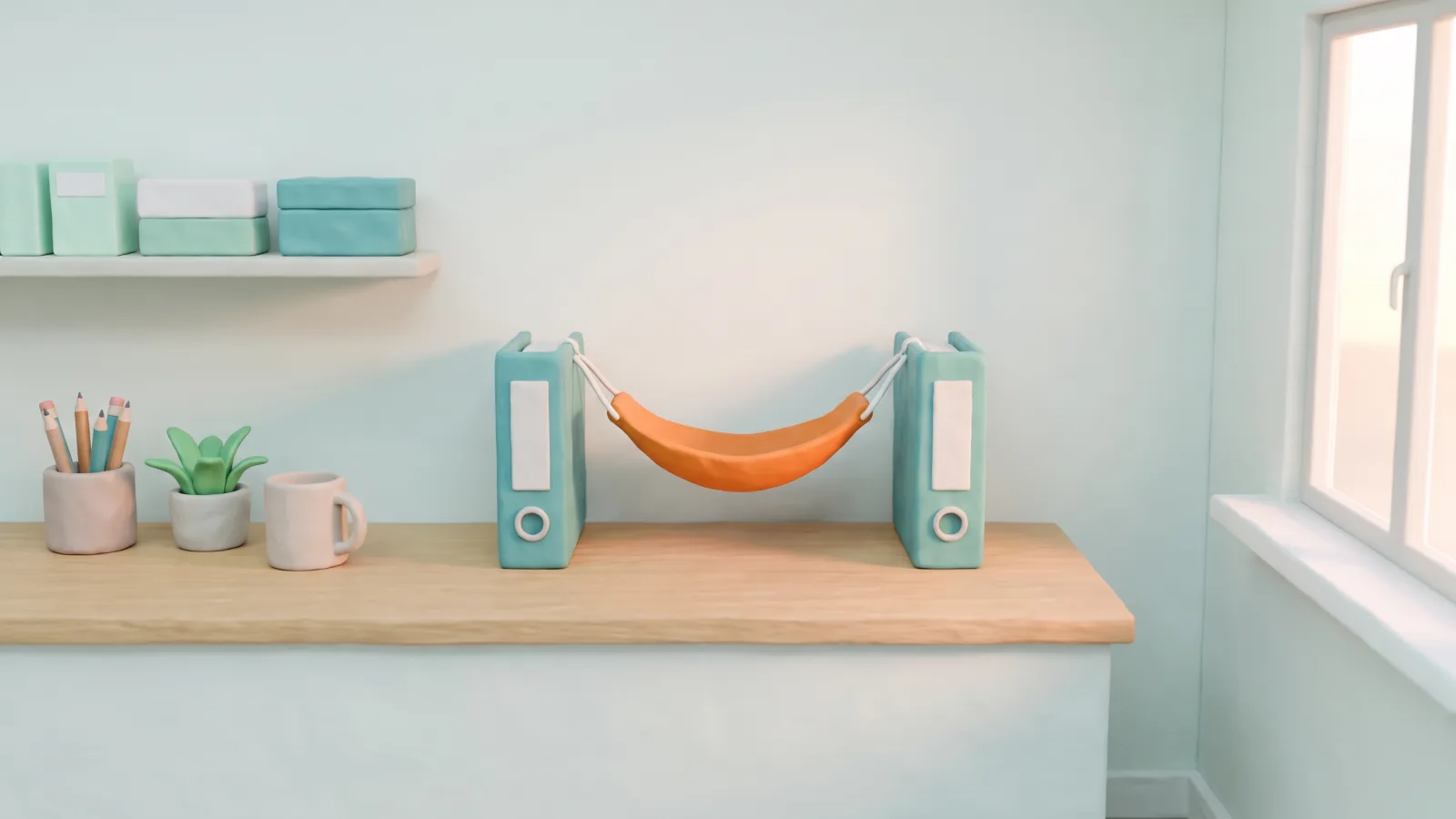 Un préparatoire en pâte à modeler au matin d’octobre : entre deux classeurs teal est tendu un minuscule hamac orange, vide, qui attend le prochain creux.