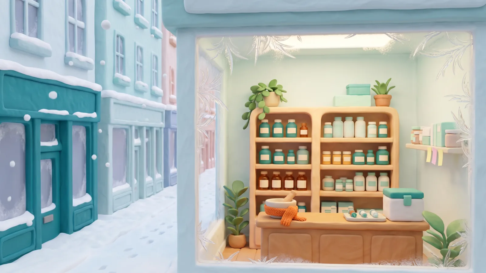 Une rue enneigée en pâte à modeler et, derrière la vitrine givrée, une pharmacie prête pour la campagne : le mortier porte une petite écharpe orange.
