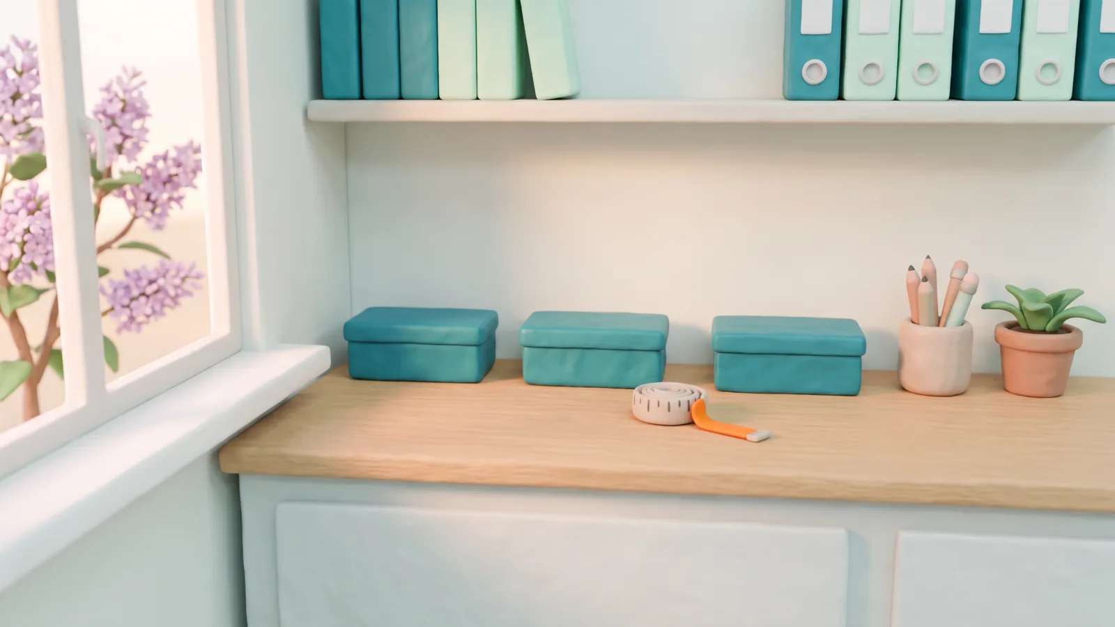 Un préparatoire en pâte à modeler, trois boîtes teal alignées sur le plan de travail et, entre deux d’entre elles, un petit mètre ruban à la languette orange.