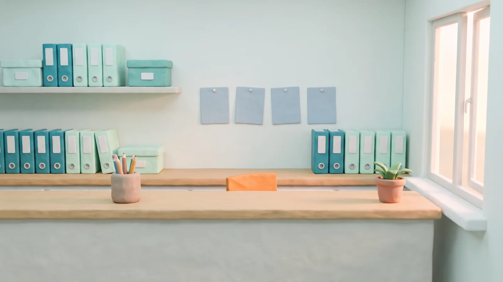 Un préparatoire en pâte à modeler, des classeurs teal bien rangés et, tombé derrière le plan de travail, le coin d’un petit papier plié orange.