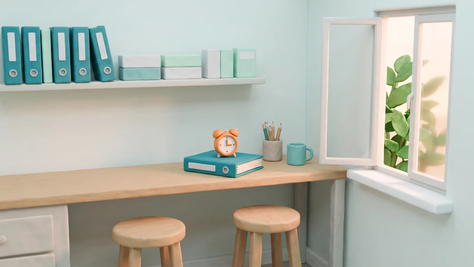 Un préparatoire en pâte à modeler au petit matin : sur un classeur teal fermé, un petit réveil orange à deux cloches déjà réglé pour lundi.