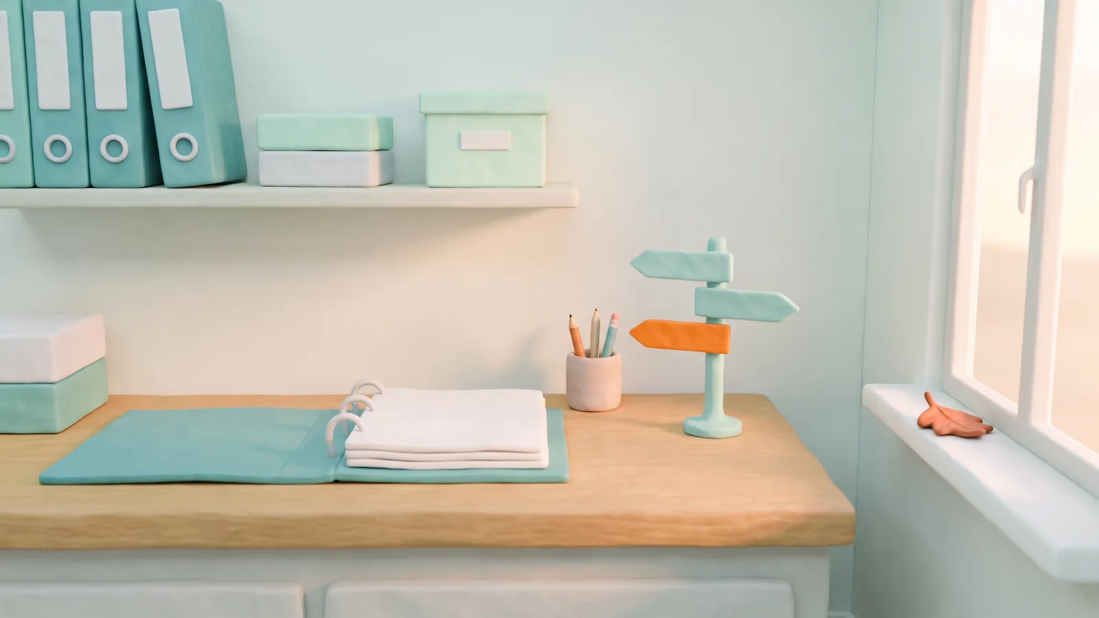 Un préparatoire d’automne en pâte à modeler : un panneau indicateur teal à trois flèches vierges, dont celle qui montre le classeur est orange.