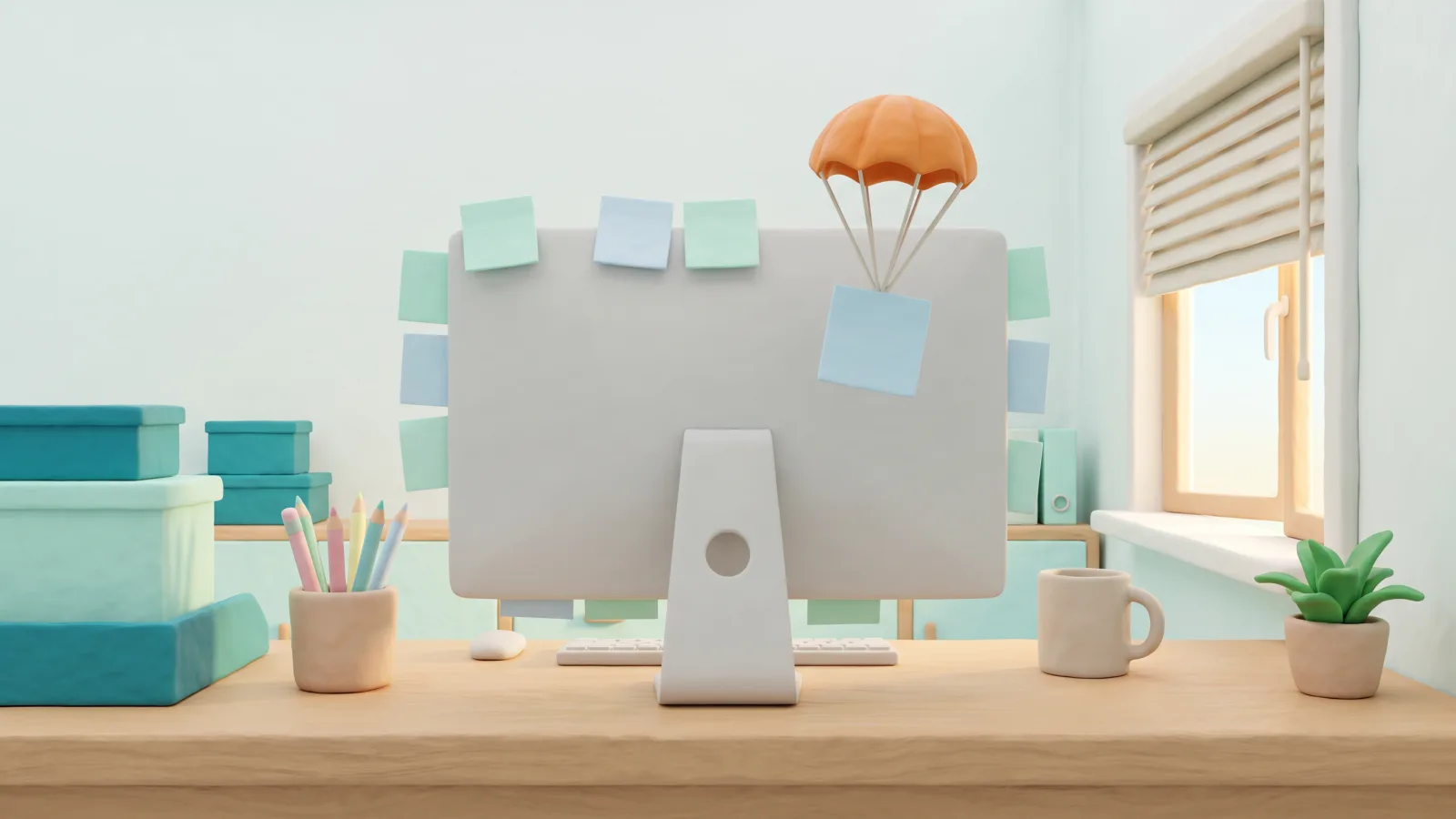 Un comptoir de pharmacie en pâte à modeler, des post-it vierges au bord d’un écran gris et l’un d’eux qui descend sous un minuscule parachute orange.