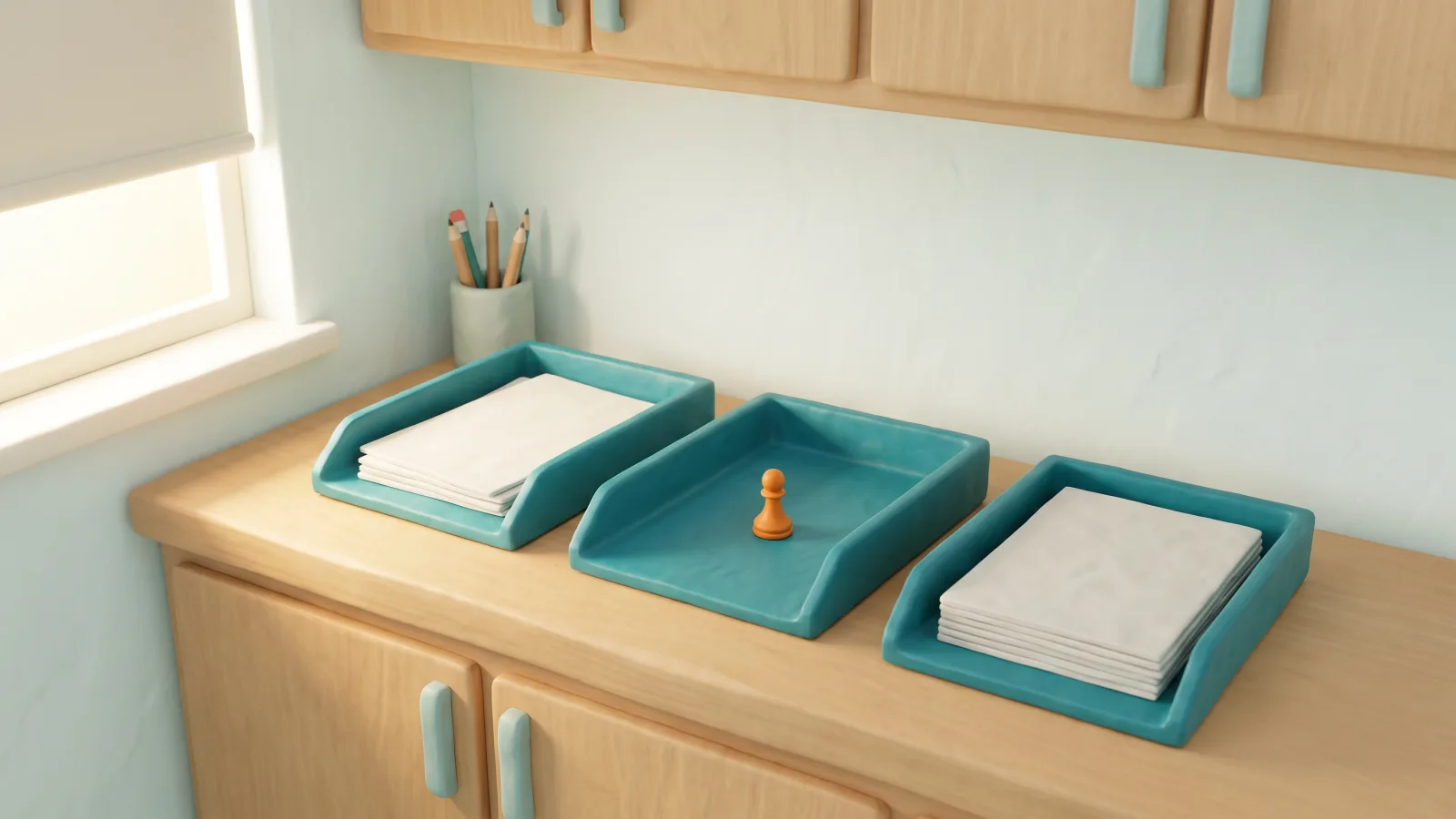 Un plan de travail de préparatoire en pâte à modeler avec trois bacs teal alignés et, seul dans celui du milieu, un minuscule pion d’échecs orange.