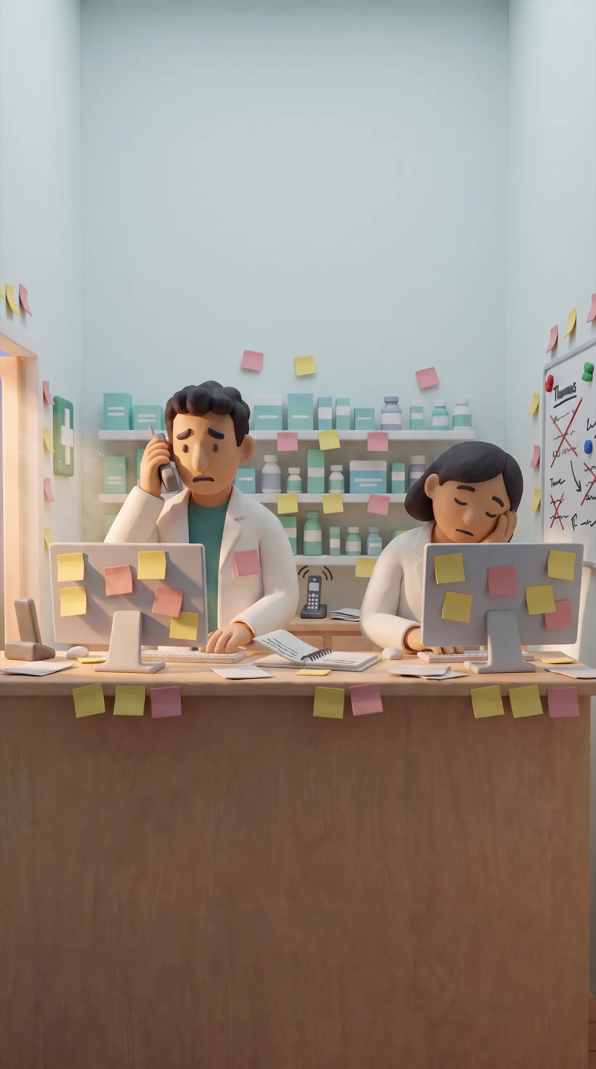 Le comptoir à 19h30 : des post-its partout, le tableau blanc raturé, le téléphone qui sonne, Lina épuisée, Thomas au téléphone.