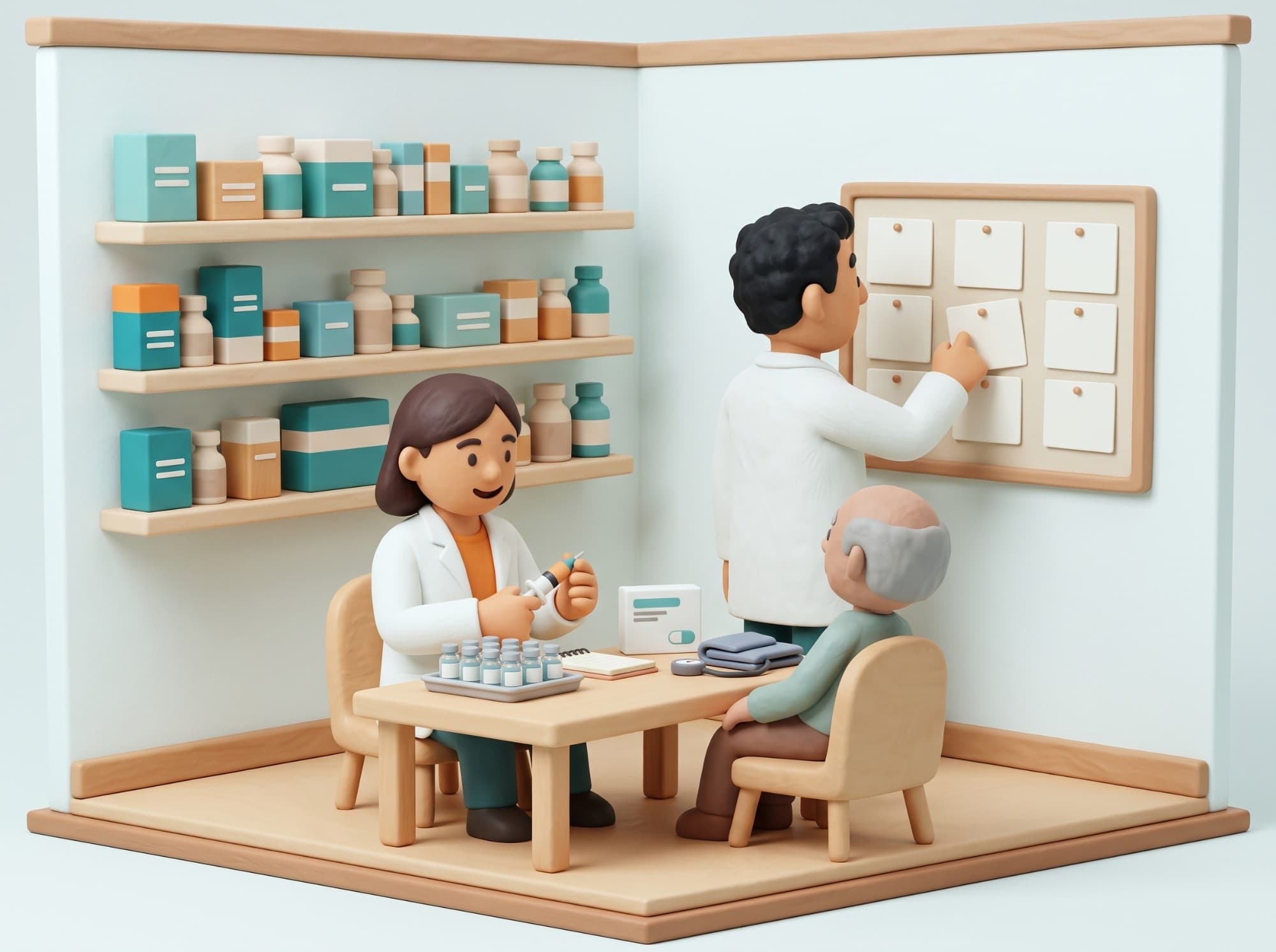 En pâte à modeler, une pharmacienne prépare une vaccination pour un patient pendant que son collègue range une fiche sur un tableau bien ordonné.