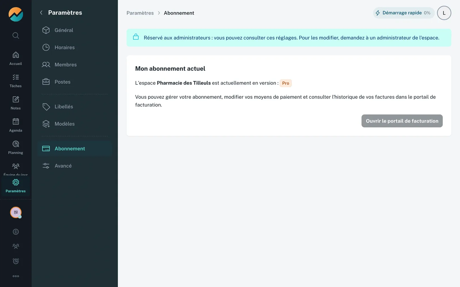 Étape 3 : La version de l’espace s’affiche, avec l’accès au portail de facturation pour les administrateurs