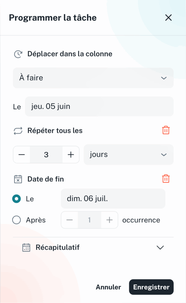 Réglage de la date de fin d'une tâche récurrente