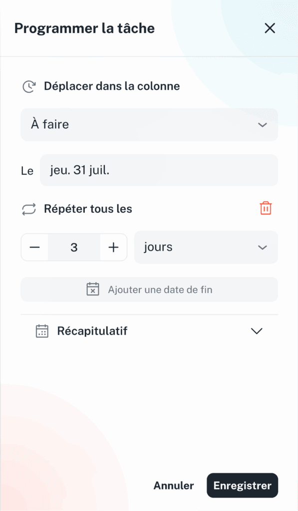 Récurrence d'une tâche réglée en jours