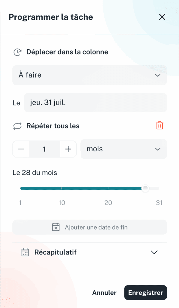Récurrence d'une tâche réglée en mois
