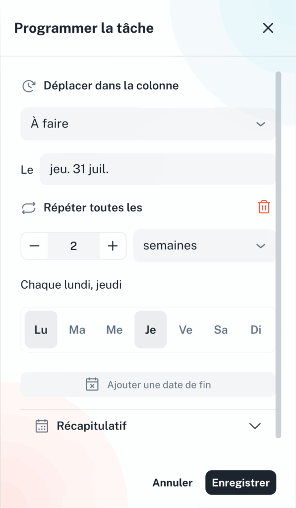 Récurrence d'une tâche réglée en semaines